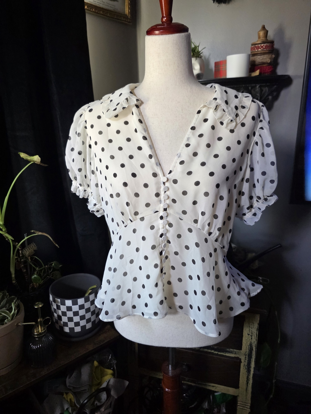 Joie White Polka Dot Short Sleeve Peplum Blouse